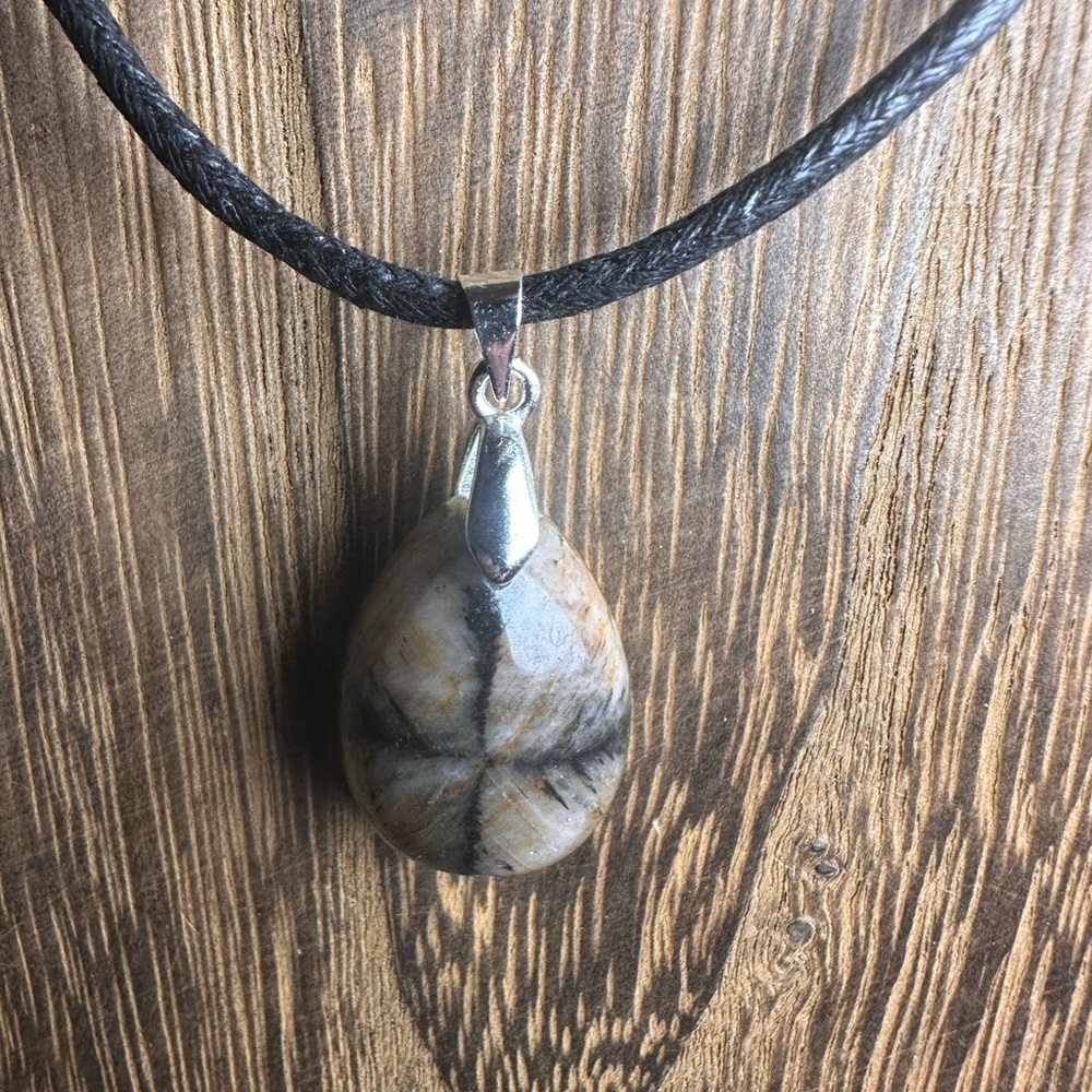 Chiastolite Teardrop Pendant Necklace on Black Rope